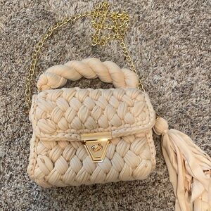DARLING Cream fabric bag w/ long gold chain and handle.